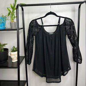 Maurice’s Black, Cold-Shoulder, Long-Sleeve Blouse with Lace Sleeves